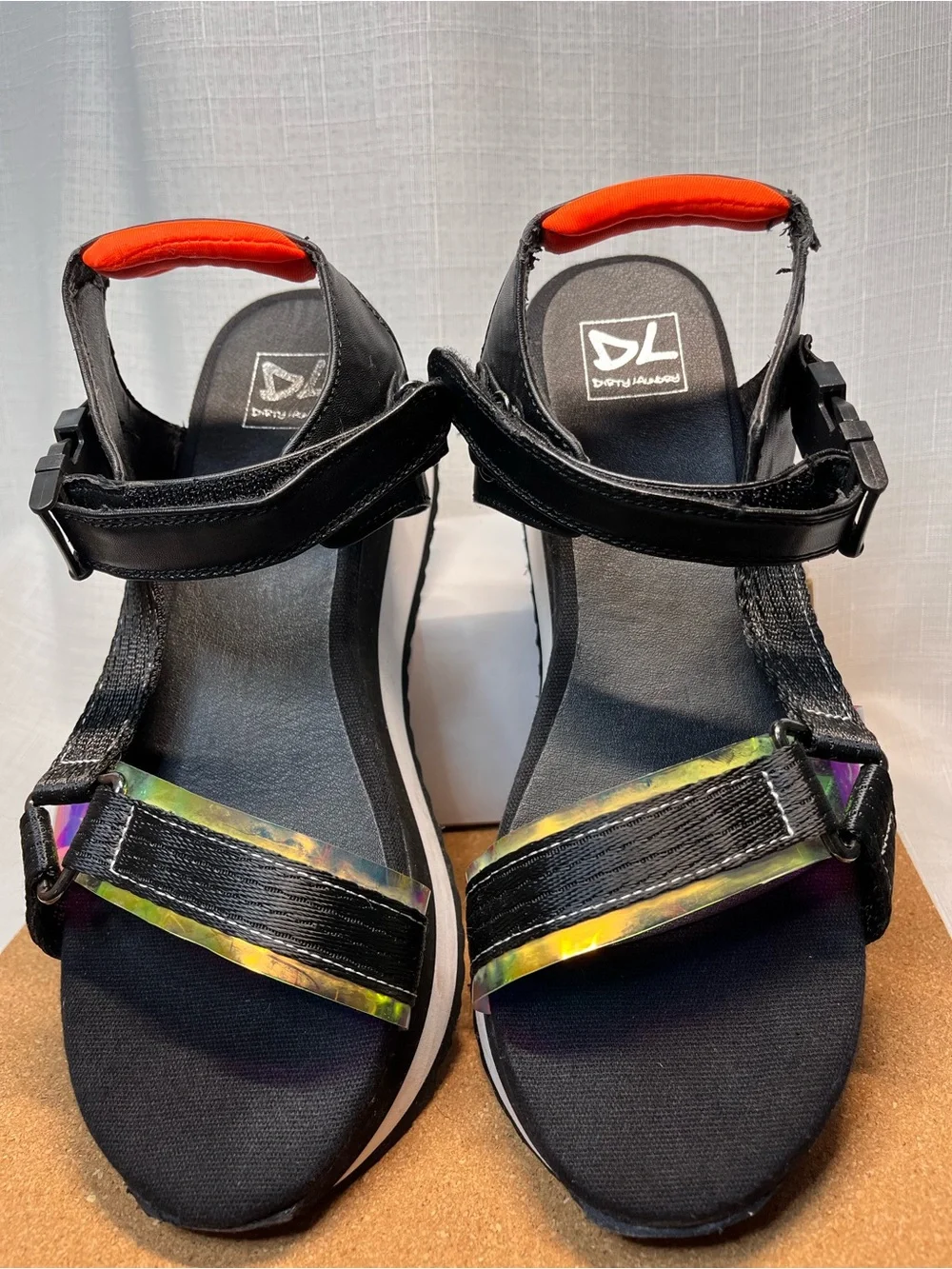 Dirty Laundry Platform Sandals Size 9 Black Holographic Neon Orange Y2K 90s Chun